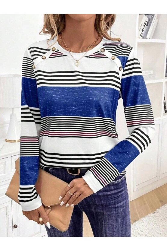 Kadın Uzun Kollu Bisiklet Yaka Düğme Detaylı Desenli Süprem Bluz