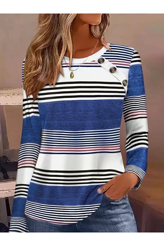 Kadın Uzun Kollu Bisiklet Yaka Düğme Detaylı Desenli Süprem Bluz