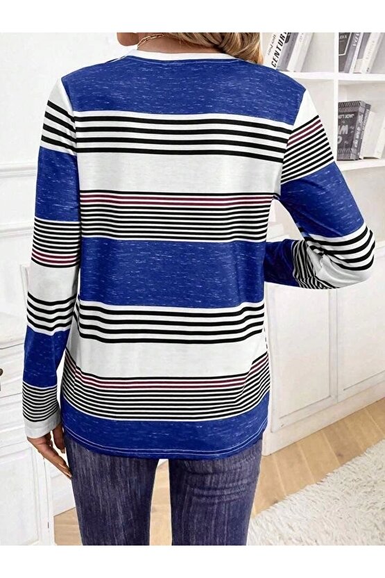 Kadın Uzun Kollu Bisiklet Yaka Düğme Detaylı Desenli Süprem Bluz