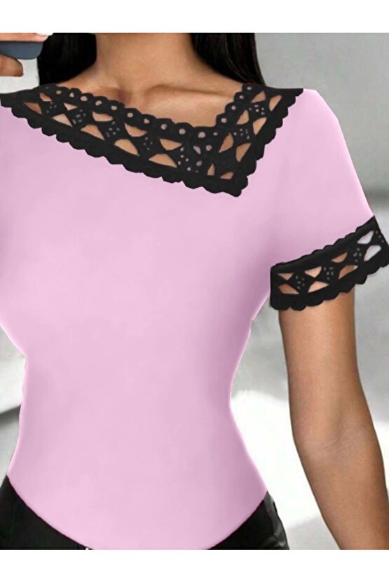 Kadın Kısa Kollu Dantel Yaka Viskon Bluz
