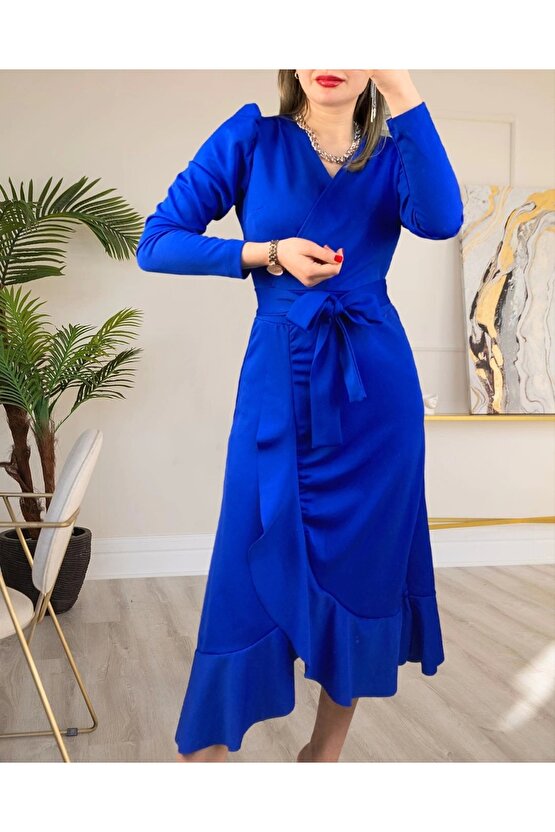 Krep Kumaş idi Boy Kuşaklı Uzunkol Elbise