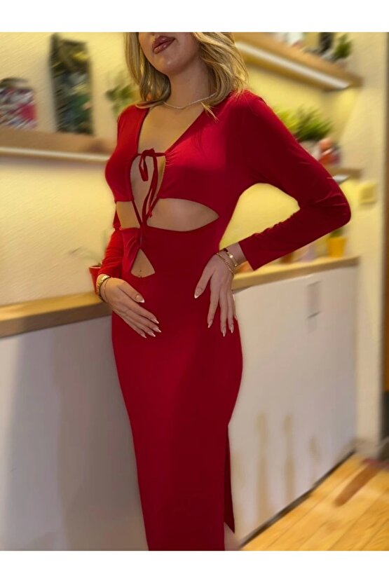 Kadın Uzun Kollu Göğüs Ve Göbek Dekolte Detay Sandy Midi Boy Elbise