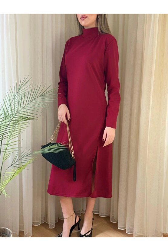 Kadın Uzun Kollu Balıkçı Yaka Derin Yırtmaç Detay Krep Elbise