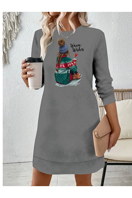 Kadın Uzun Kollu Bisiklet Yaka Desenli Viskon Iki Iplik Elbise