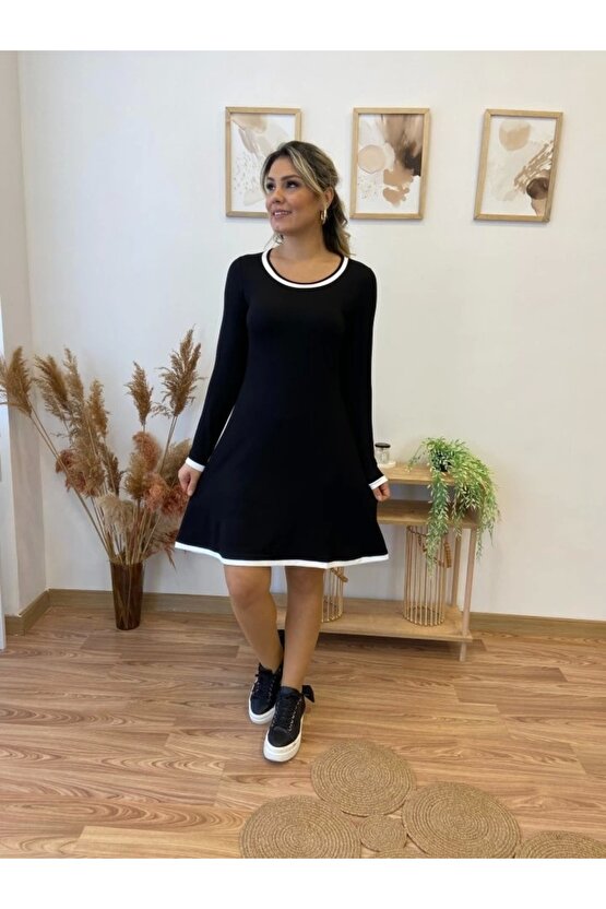 Kadın Uzun Kollu Derin Yuvarlak Yakalı Kısa Viskon Iki Iplik Elbise