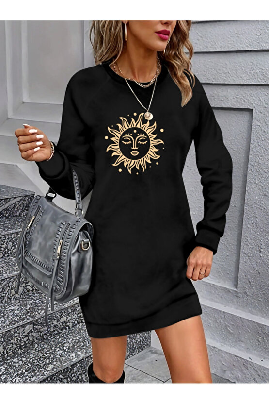 EGECEN Kadın Uzun Kollu Bisiklet Yaka Güneş Desenli Viskon Iki Iplik Elbise