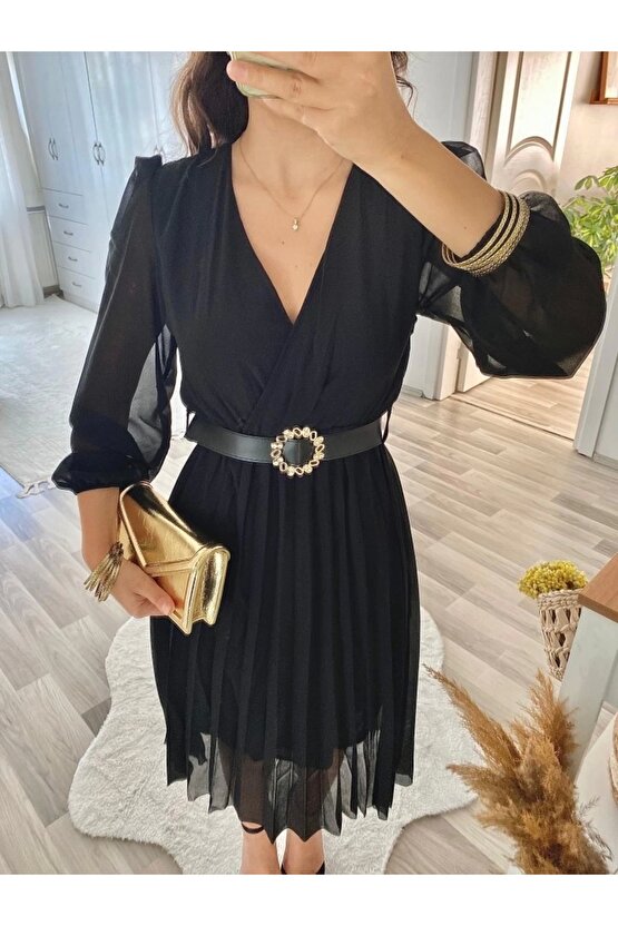 MDB Kadın şifon Kumaş Astalı Kloş Kesim Kruvaze Yaka idi Boy Elbise