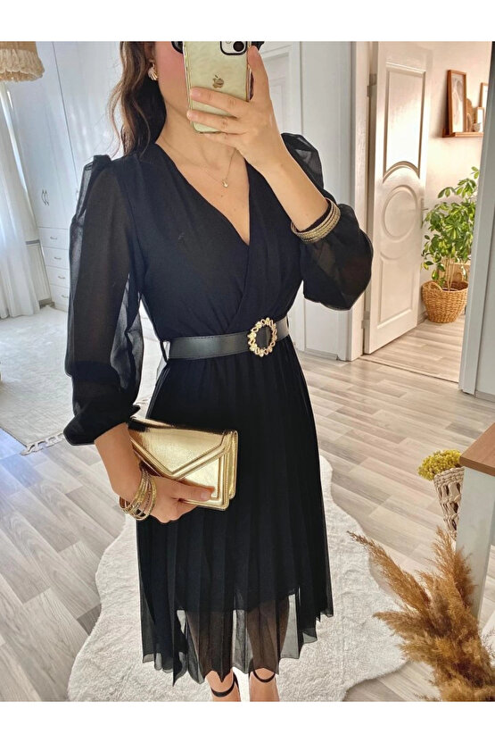 MDB Kadın şifon Kumaş Astalı Kloş Kesim Kruvaze Yaka idi Boy Elbise