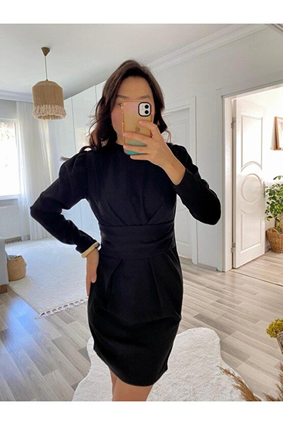 Kadın Uzun Kollu Bisiklet Yaka Bel Kemer Detay Ithal Krep Elbise