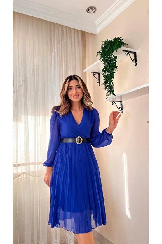 Kadın şifon Kumaş Astalı Kloş Kesim Kruvaze Yaka idi Boy Elbise