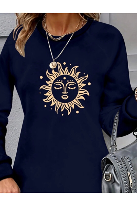 Kadın Uzun Kollu Bisiklet Yaka Güneş Desenli Viskon Iki Iplik Elbise