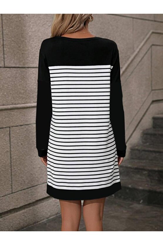 Kadın Bisiklet Yaka Uzun Kol çizgili Iki Iplik Kumaş Mini Boy Elbise