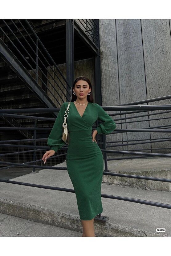 MDB Kadın Kruvaze Yaka Balon Kol imli Krep Kumaş idi Boy Elbise