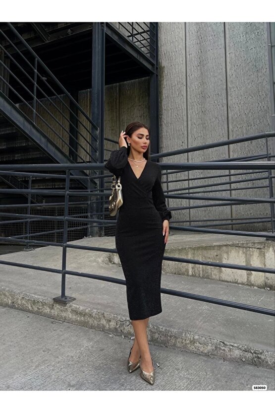 Kadın Kruvaze Yaka Balon Kol imli Krep Kumaş idi Boy Elbise