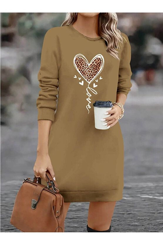 Kadın Uzun Kollu Bisiklet Yaka Kalp Desenli Kısa Viskon Elbise