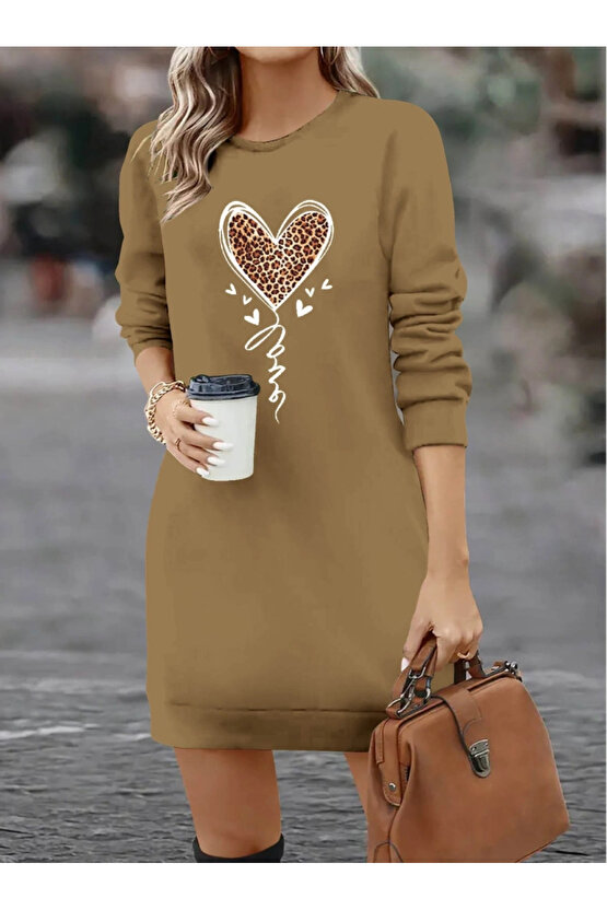Kadın Uzun Kollu Bisiklet Yaka Kalp Desenli Kısa Viskon Elbise