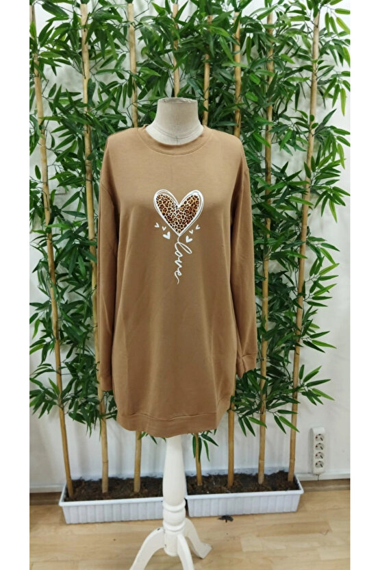 Kadın Uzun Kollu Bisiklet Yaka Kalp Desenli Kısa Viskon Elbise