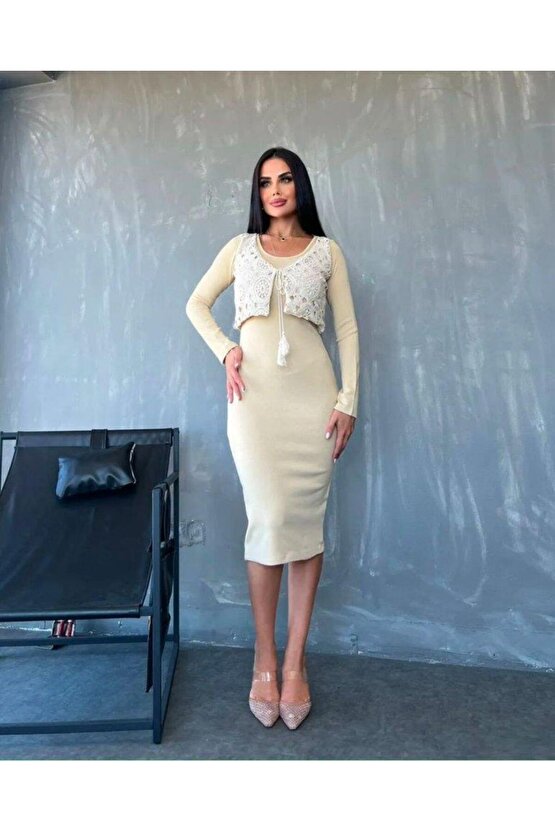 Kadın Bisiklet Yaka Midi Boy Elbise Ve Dantel Güpür Detay Yelek Fırsat ürün Ikili Takım