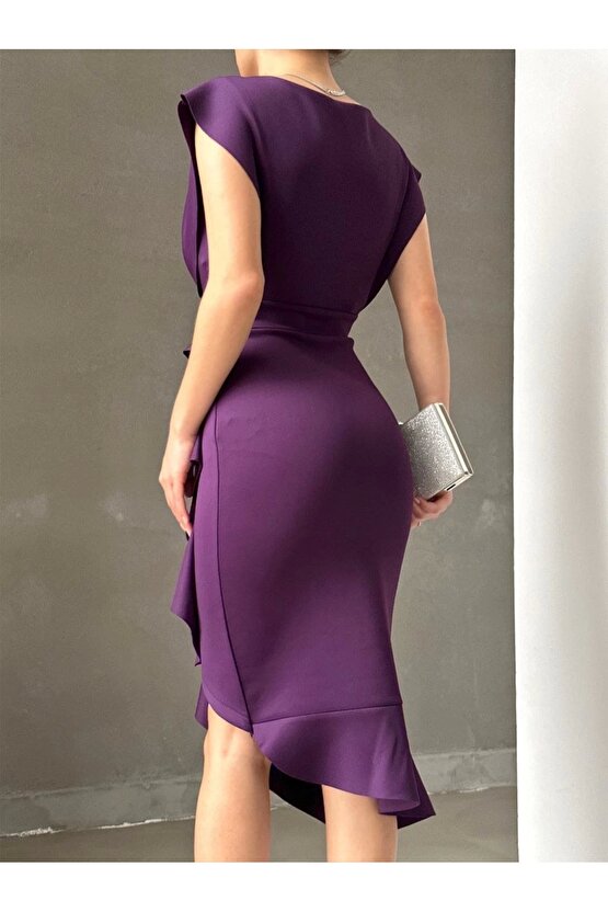 Evyora Scuba Kumaş Önü Fırfırlı Midi Boy Elbise