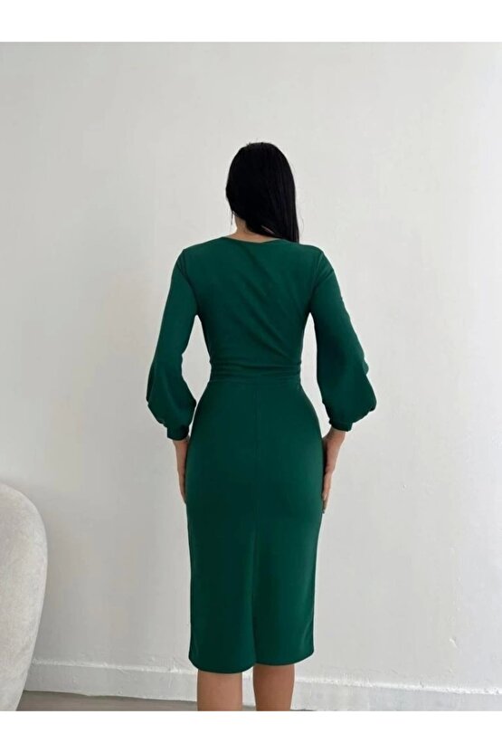Kadın Kruvaze Yaka Balon Kol idi Boy Elbise