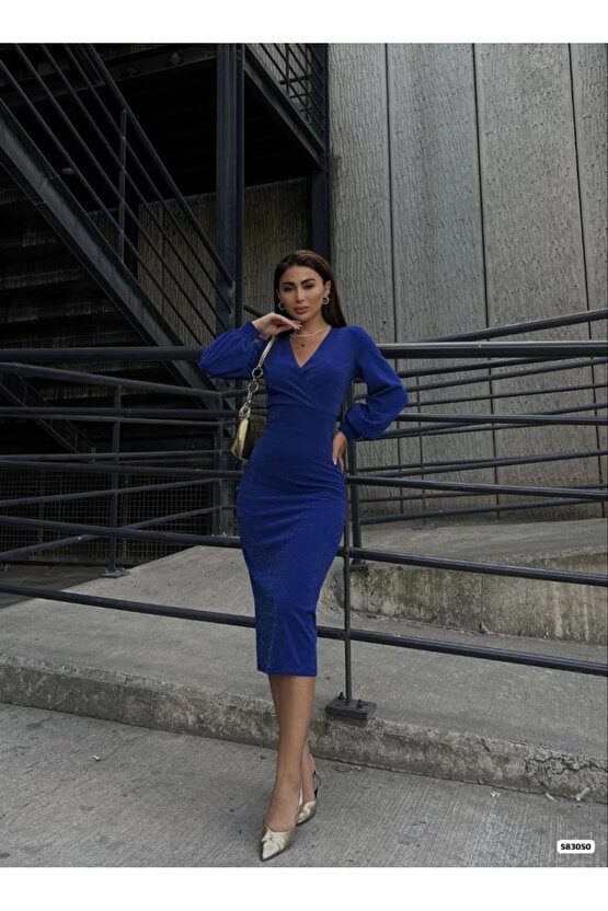 MDB Kadın Kruvaze Yaka Balon Kol imli Krep Kumaş idi Boy Elbise