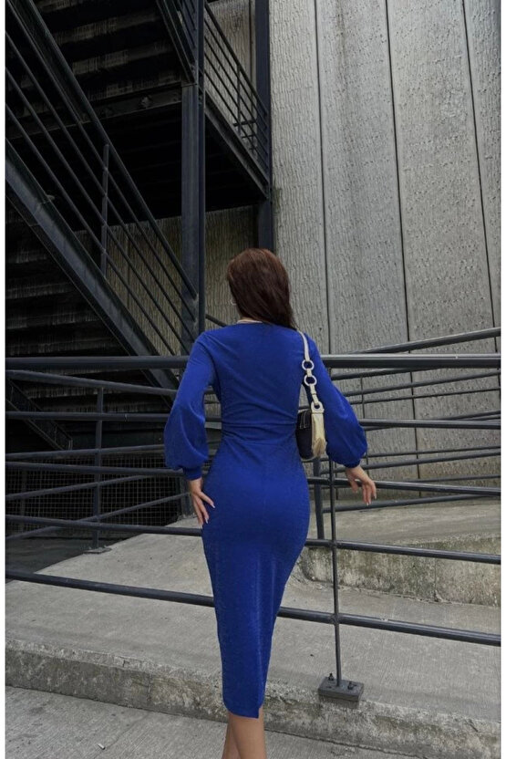 MDB Kadın Kruvaze Yaka Balon Kol imli Krep Kumaş idi Boy Elbise