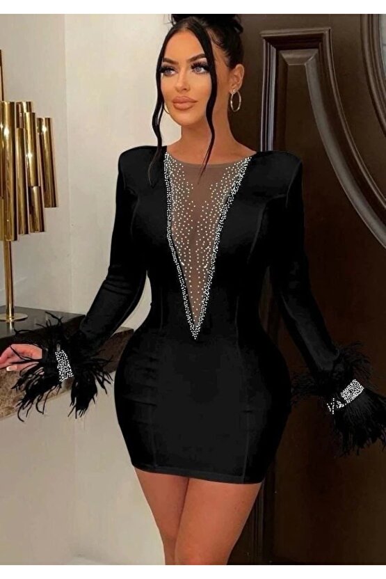 Kadın Dalgıç Kumaş Tül Ve Taş Aksesuarlı Kolları Tüylü ini Boy Elbise