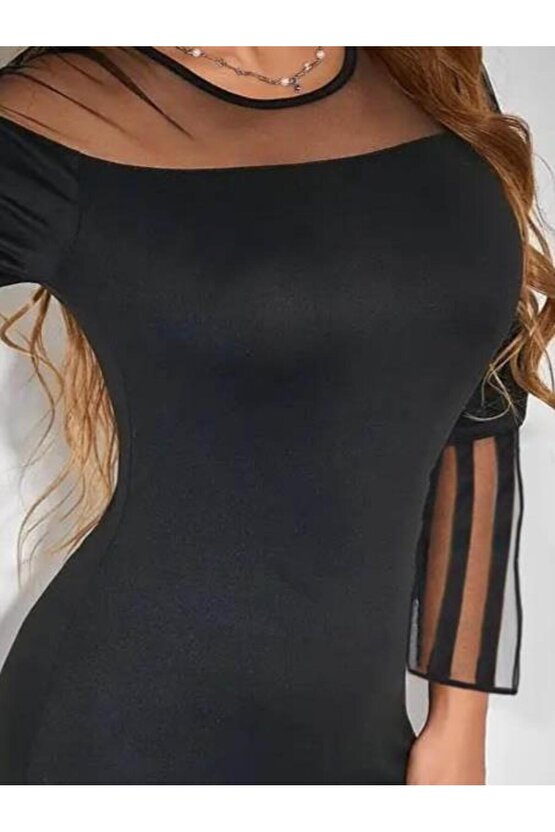 Kadın Uzun şeffaf şerit Kollu Madonna Yaka Vücudu Saran Dalgıç Kısa Elbise