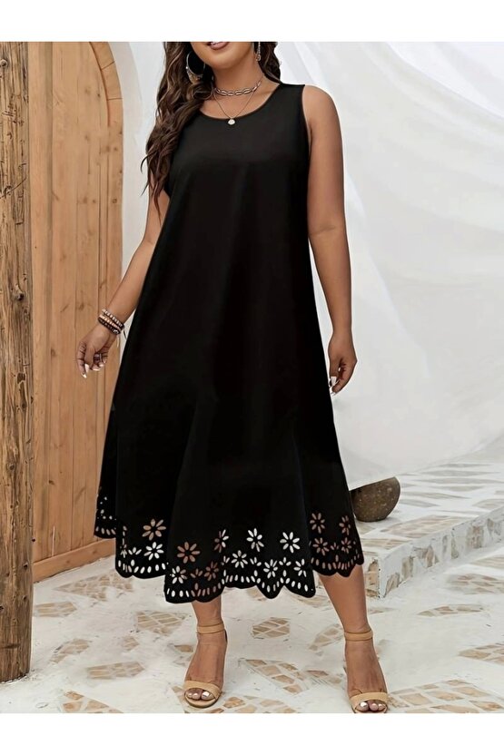 Kadın Kolsuz Etek Ucu Lazer Kesim çiçek Desenli Midi Boy Ithal Krep Elbise