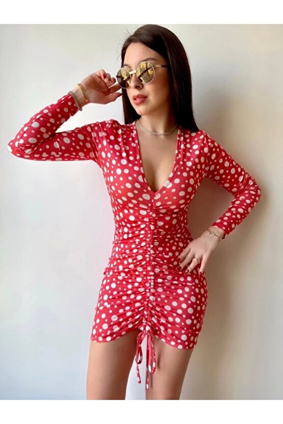 Kadın V Yaka önü Asansör Büzgü Detay Fırsat ürün Puantiyeli ini Elbise