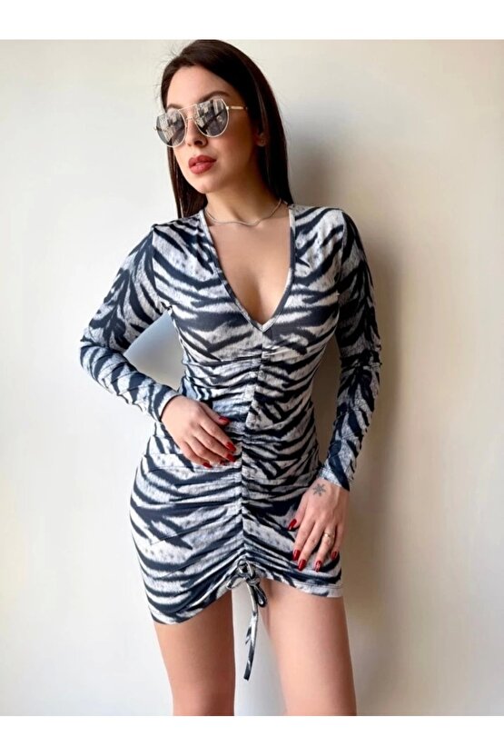 Kadın V Yaka önü Asansör Büzgü Detay Fırsat ürün Puantiyeli ini Elbise