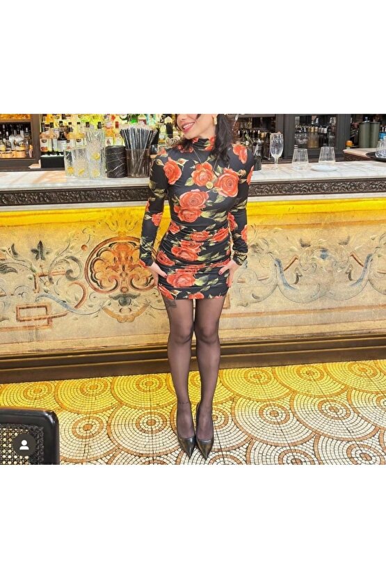 Kadın Balıkçı Yaka Gül Baskılı Fırsat ürün ini Elbise