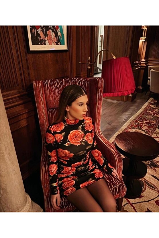 Kadın Balıkçı Yaka Gül Baskılı Fırsat ürün ini Elbise