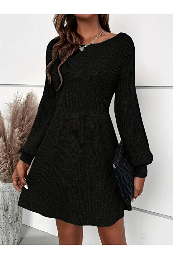 Kadın Uzun Kollu Kayık Yaka Kısa Triko Elbise