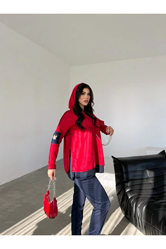 MDB Kadın Kırmızı Kapşonlu Etek Ucu Detay Arma Ters Dikiş Gorunumlu Ikili Takım