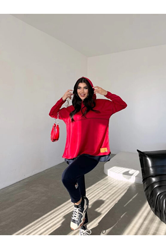 MDB Kadın Kırmızı Kapşonlu Etek Ucu Detay Arma Ters Dikiş Gorunumlu Ikili Takım