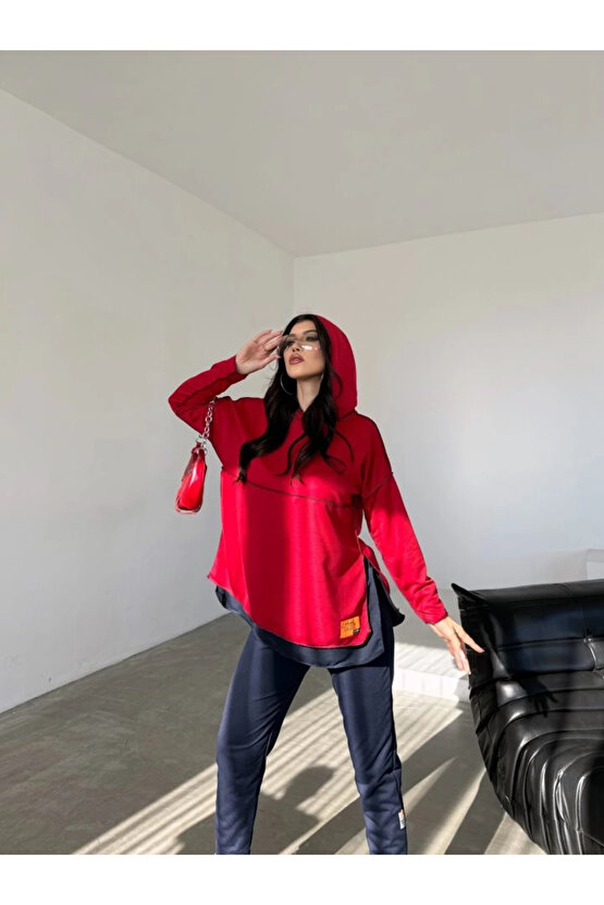 MDB Kadın Kırmızı Kapşonlu Etek Ucu Detay Arma Ters Dikiş Gorunumlu Ikili Takım