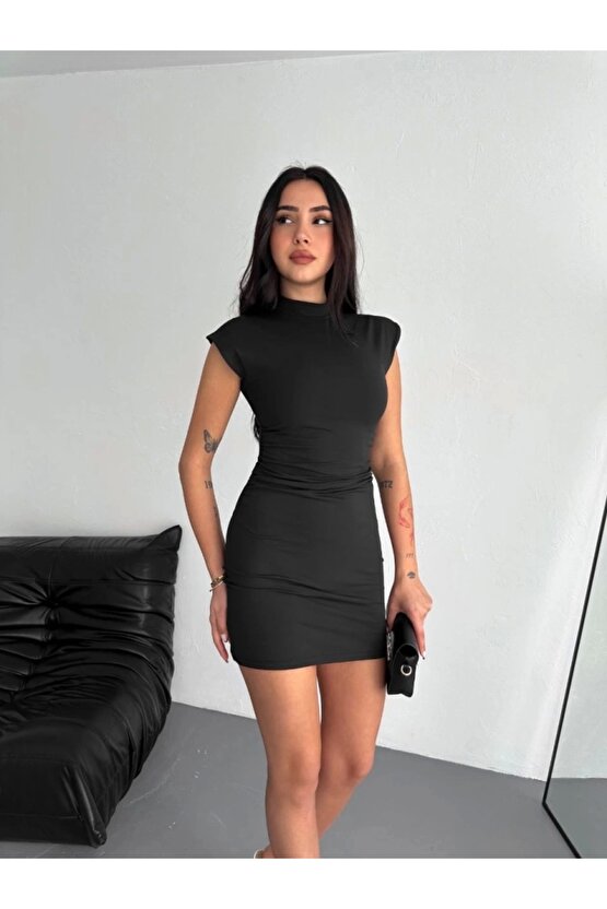 Yarım Bogazlı Kolsuz ini Boy Elbise  iyah