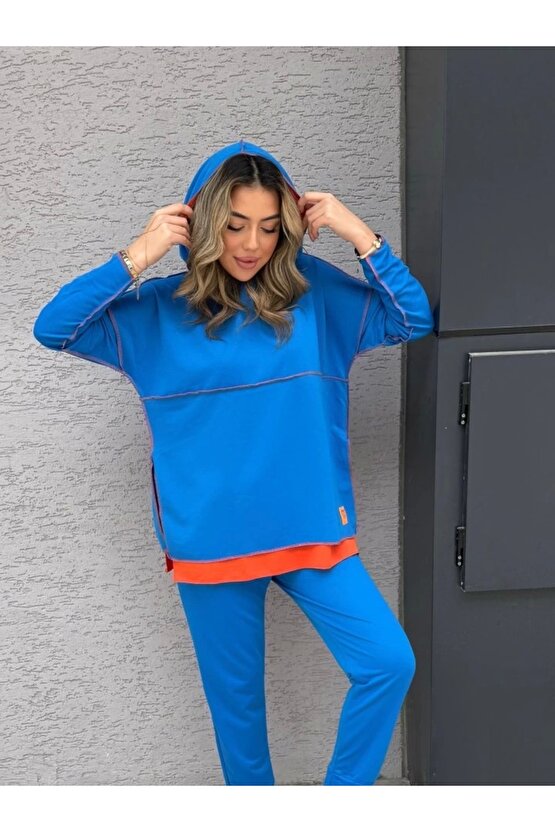 Kadın Indigo Kapşonlu Etek Ucu Detay Arma Ters Dikiş Gorunumlu Ikili Takım