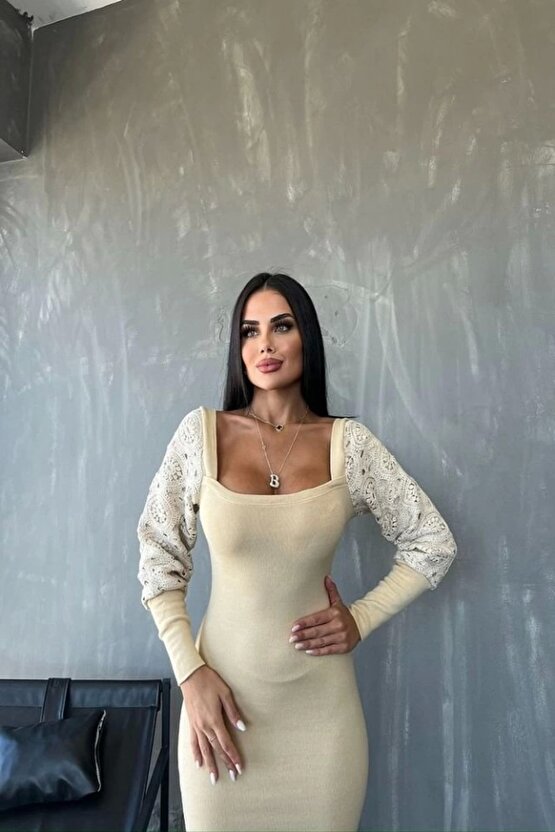 Kadın Kare Yaka Kolları anşet Ve Tül Detay Fırsat ürün idi Boy Elbise