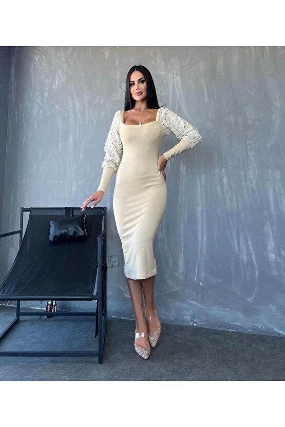 Kadın Kare Yaka Kolları anşet Ve Tül Detay Fırsat ürün idi Boy Elbise