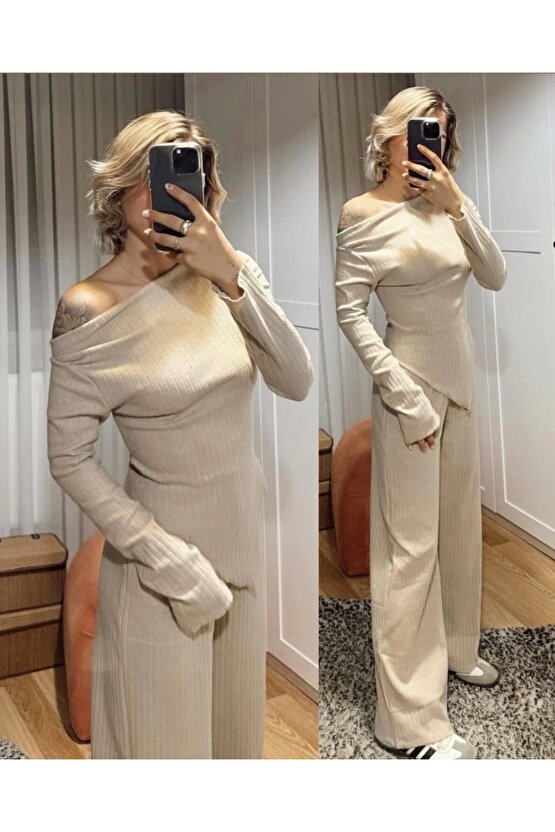 Kadın Uzun Kollu Omuzlardan Açık Asimetrik Kesim Kaşkorse Bluz Ve Pantolon Ikili Pantolon