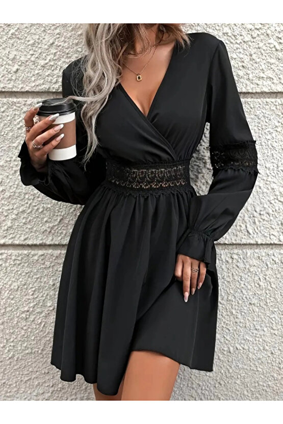 MDB Kadın Uzun Kollu Kruvaze Yakalı Dantelli Fermuar Detaylı Kısa Ithal Krep Elbise