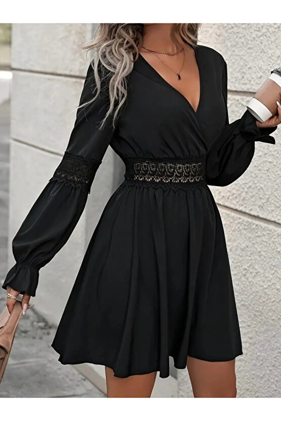 MDB Kadın Uzun Kollu Kruvaze Yakalı Dantelli Fermuar Detaylı Kısa Ithal Krep Elbise