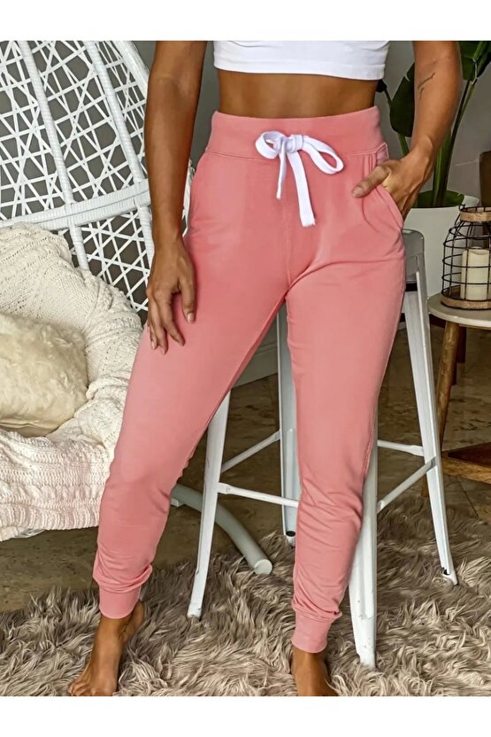 Kadın Kısa Kollu Madonna Yaka Viskon Crop Bluz Cepli Iki Iplik Eşofman Takım