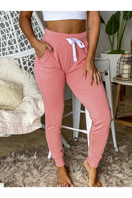 Kadın Kısa Kollu Madonna Yaka Viskon Crop Bluz Cepli Iki Iplik Eşofman Takım