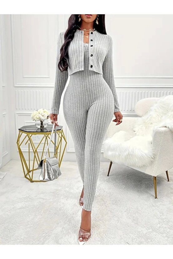 Kadın Uzun Kollu şardonlu Kaşkorse Straplez Ile Kısa önden Düğmeli Ceket Ikili Takım