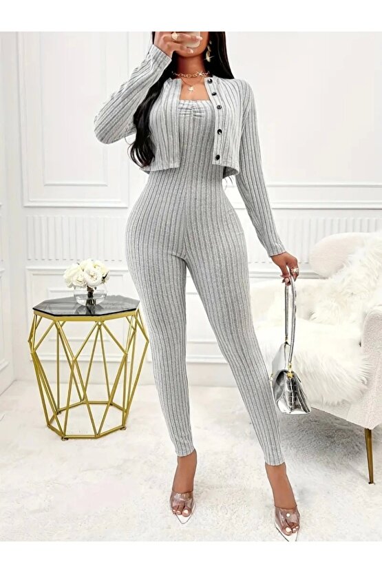 Kadın Uzun Kollu şardonlu Kaşkorse Straplez Ile Kısa önden Düğmeli Ceket Ikili Takım