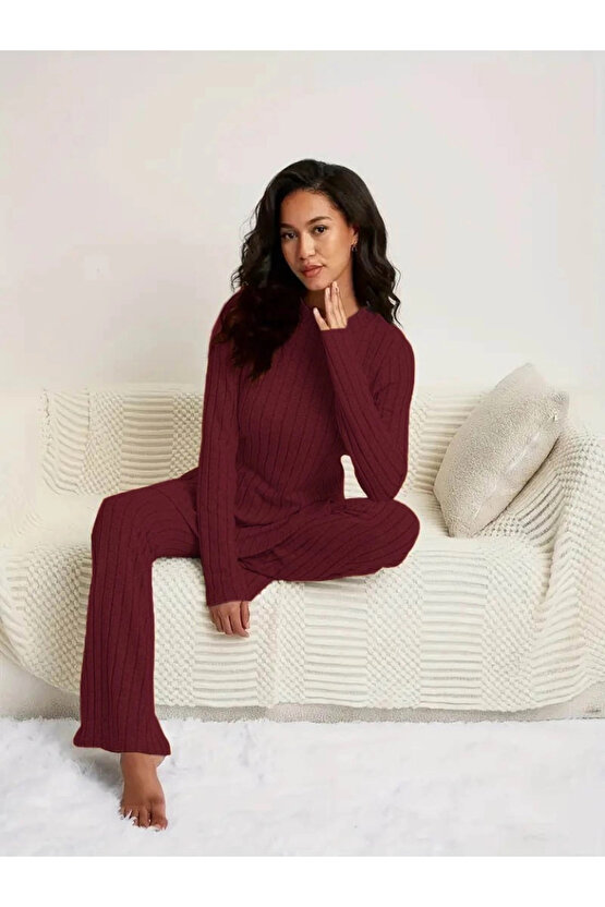 Kadın Uzun Kollu Yuvarlak Yaka Yandan Yırtmaç Detaylı şardonlu Kaşkorse Bluz Ve Pantolon Ikili Takım