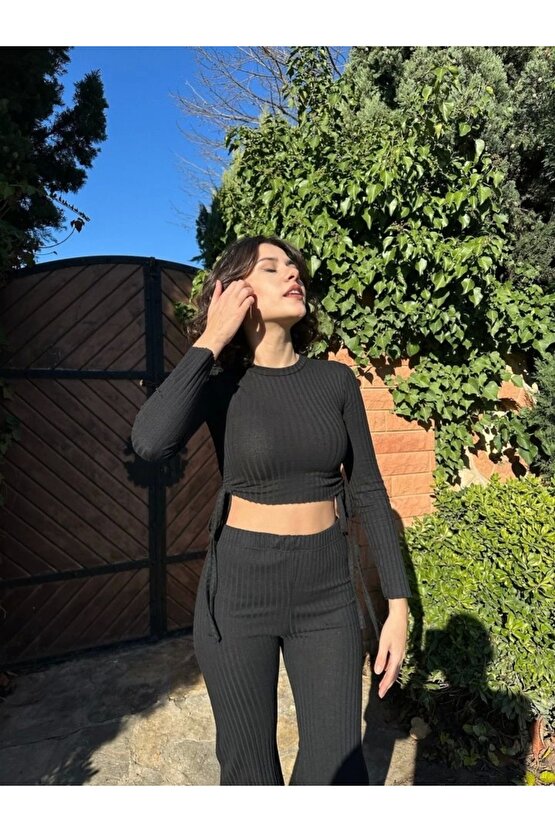 Kadın Yandan Bağlamalı Geniş Paçalı Fitil Kaşkorse İkili Takım